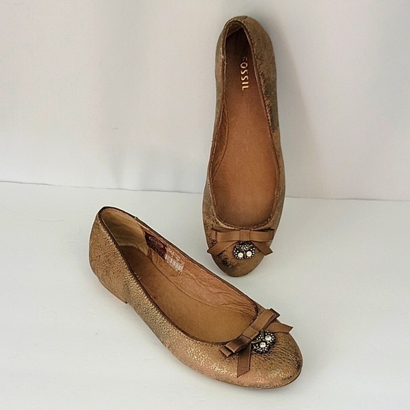 Fossil Burnished Leather Ballet Flats with Owl Charms Bronze Size 7 - Picture 2 of 12